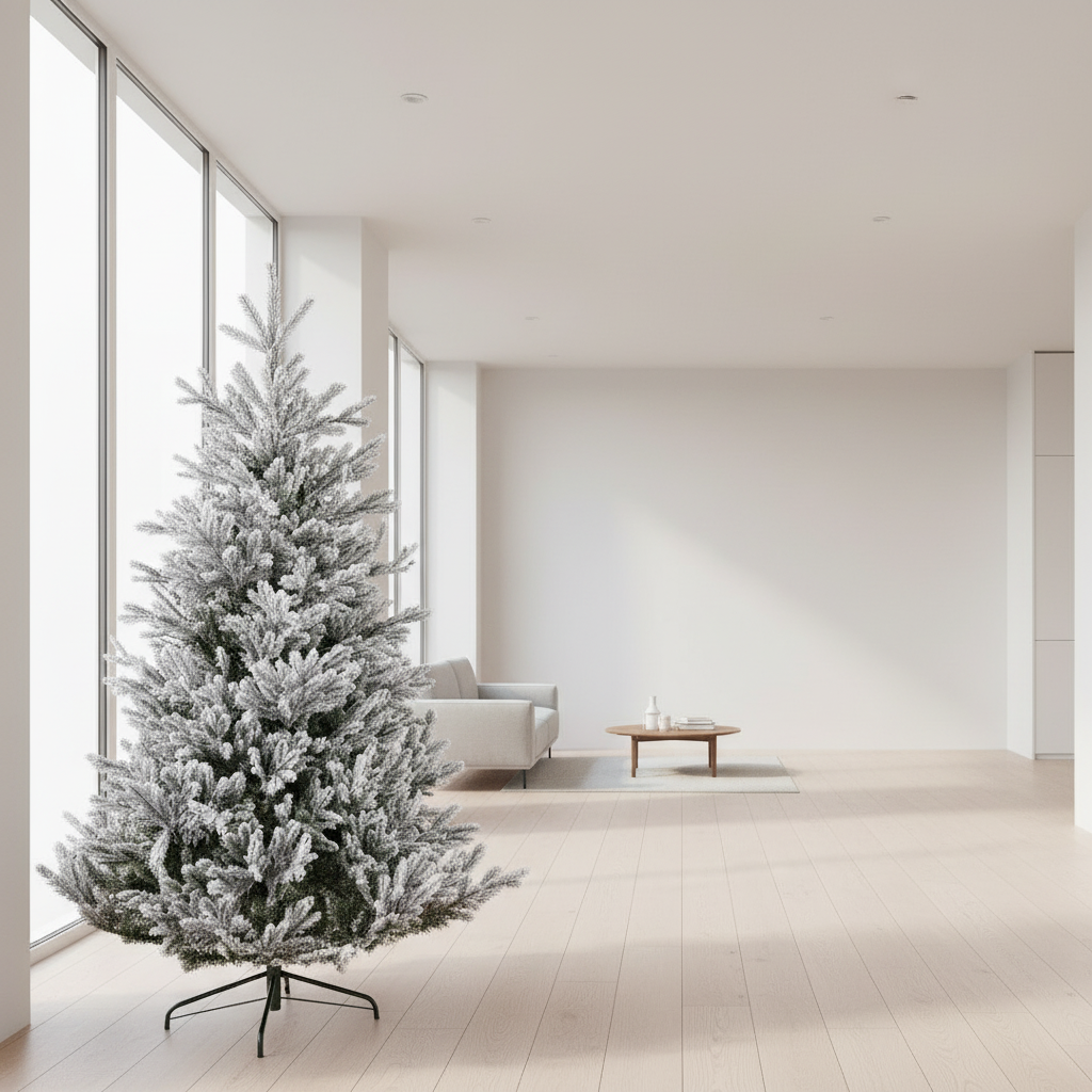 A pre-shaped, frosted green Christmas tree with metal foot and reel needle look branches.