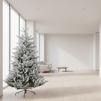 A pre-shaped, frosted green Christmas tree with metal foot and reel needle look branches.
