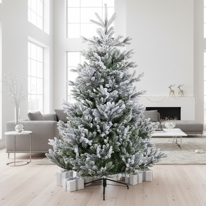 A 6ft/180cm frosted green Christmas tree with pre-shaped branches and a metal foot.