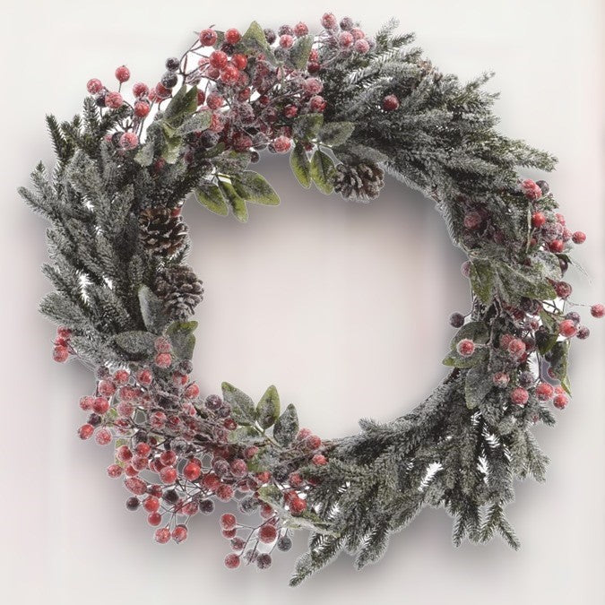 Snowy Red Berries and Pine Cones Christmas Wreath 60cm