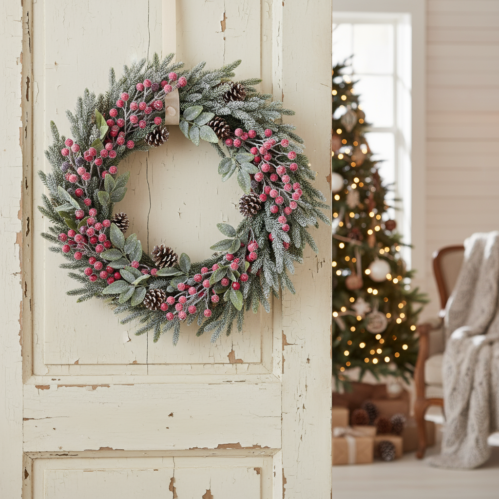 Snowy Red Berries and Pine Cones Christmas Wreath 60cm