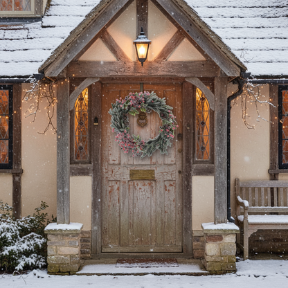Wooden door with wreath and bench in front of a snowy house