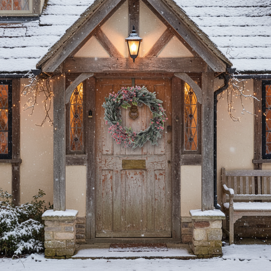 Wooden door with wreath and bench in front of a snowy house