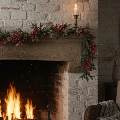 Snowy Red Berries and Pinecones Garland