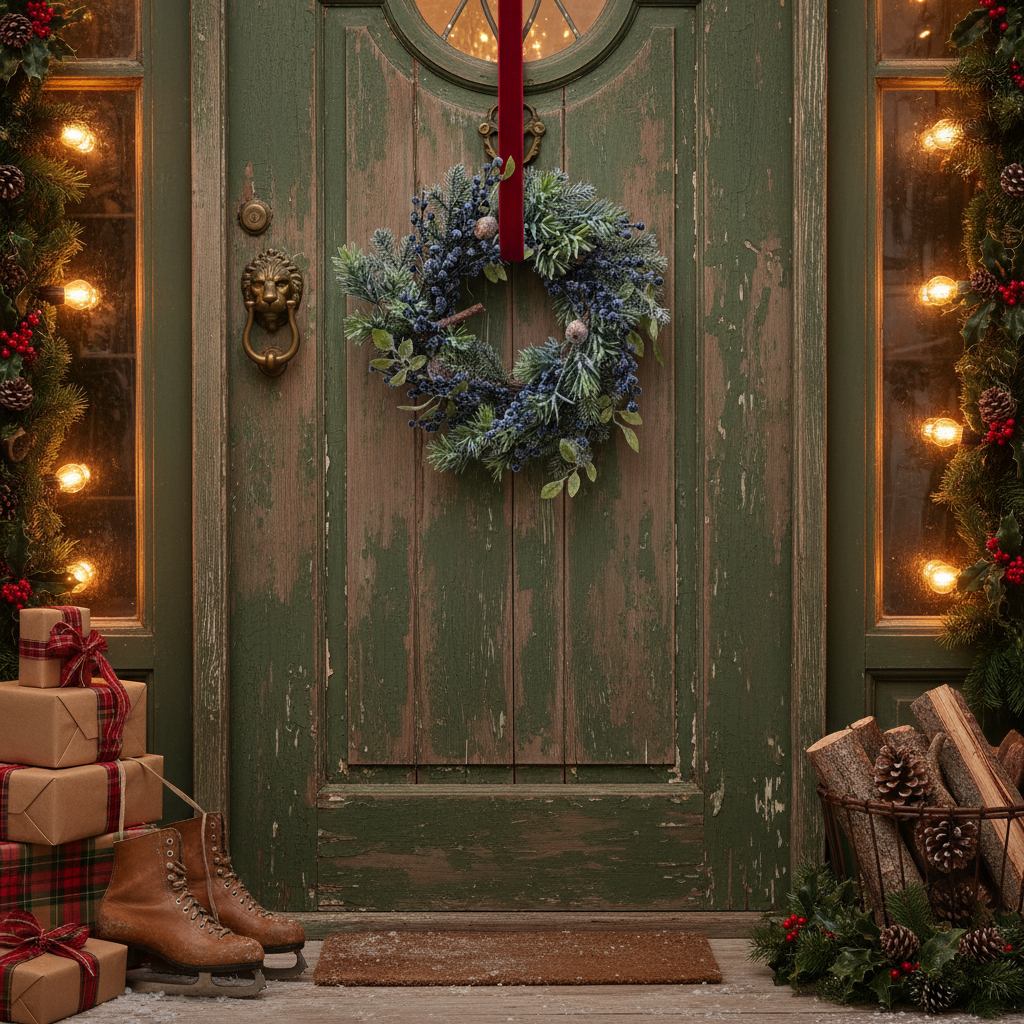 Decorative green door with wreath, lights, and Christmas decorations on a festive porch.