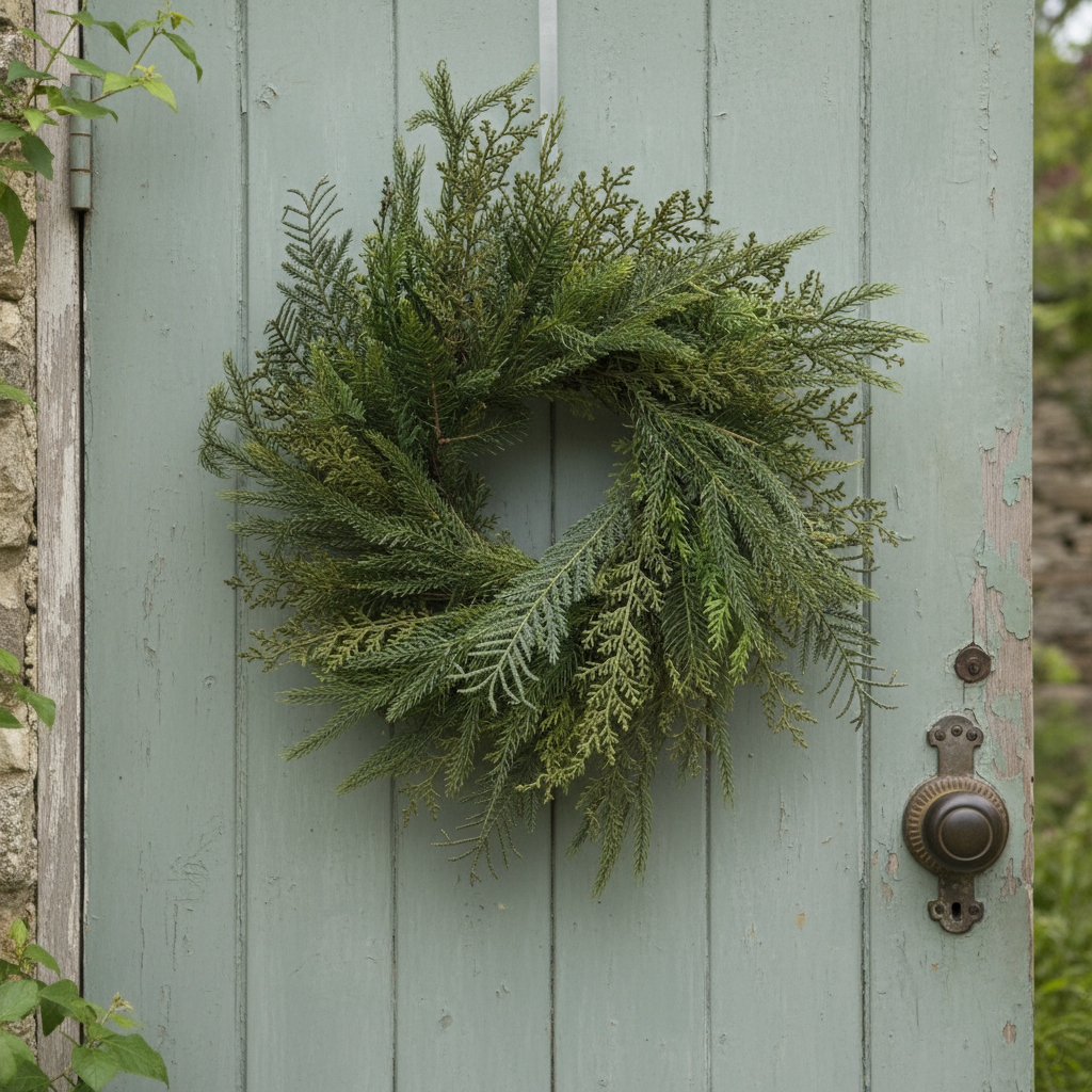 A round faux green foliage Christmas wreath with a diameter of 60cm.