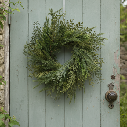 A round faux green foliage Christmas wreath with a diameter of 60cm.