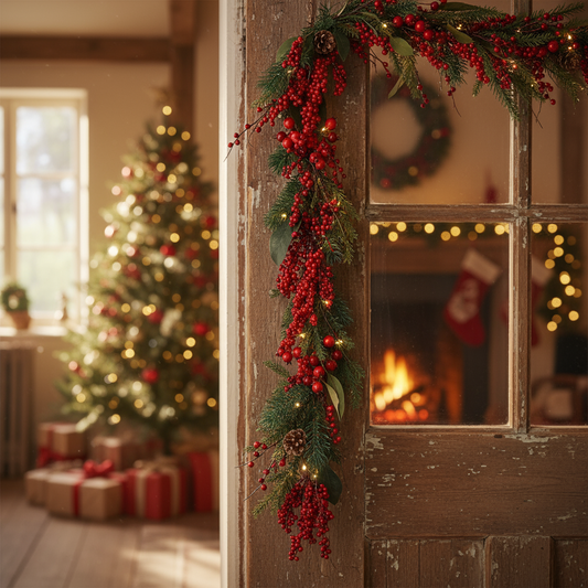 A garland with green foliage, red berries, and pinecones.