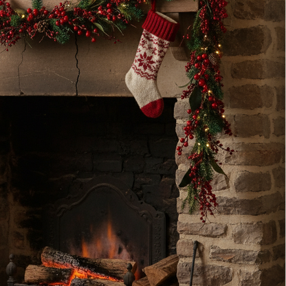 A garland with green foliage, red berries, and pinecones.