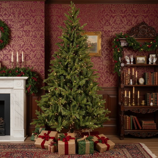 Decorated Christmas tree with lights and presents in a room with purple walls, a fireplace, and bookshelf.