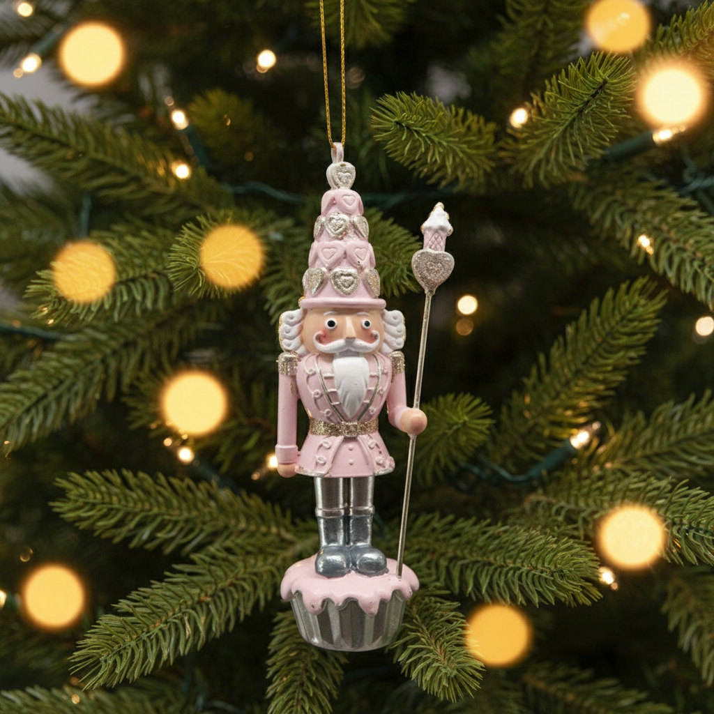 A pink cupcake nutcracker hanging from a string, with a Christmas tree and lights in the background.