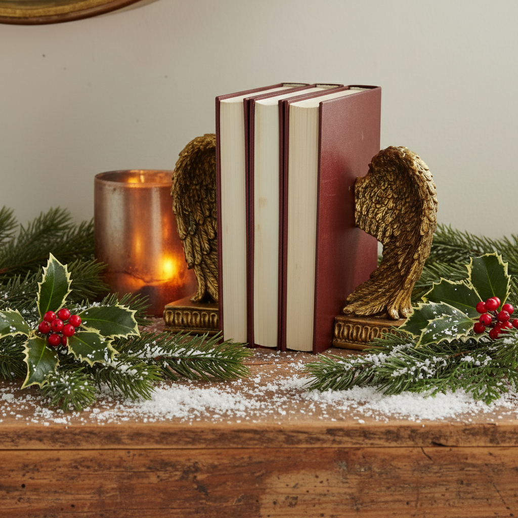 A pair of gold-colored angel wing bookends on a shelf, holding up a stack of books, with a candle lit in a holder shaped like a heart in the background.