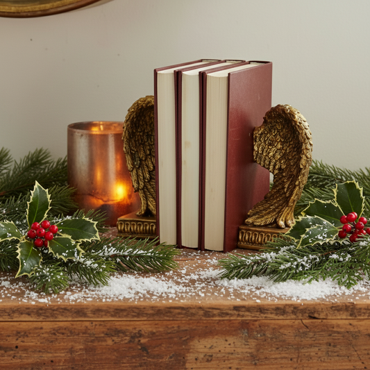 A pair of gold-colored angel wing bookends on a shelf, holding up a stack of books, with a candle lit in a holder shaped like a heart in the background.