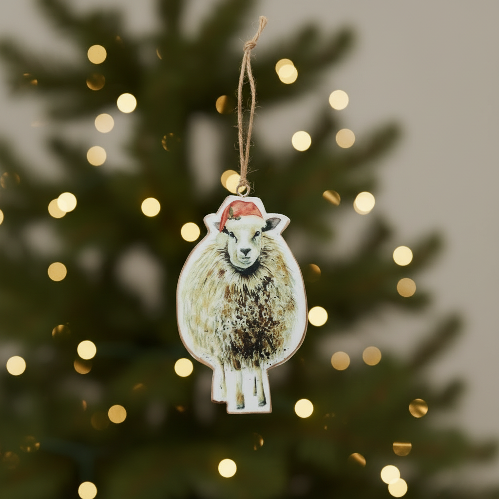 A metal sheep-shaped hanger with a Santa hat, intended for Christmas decoration.