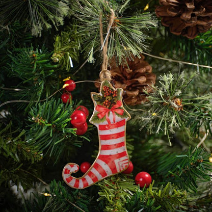 Christmas Metal Striped Stocking with Bow Hanger