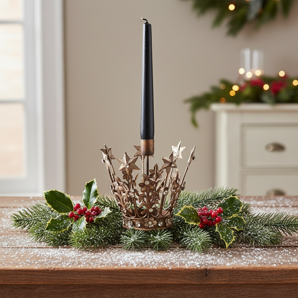 A brass candle holder with a crown design, featuring intricate patterns and a vintage style patina, holding a black candle.