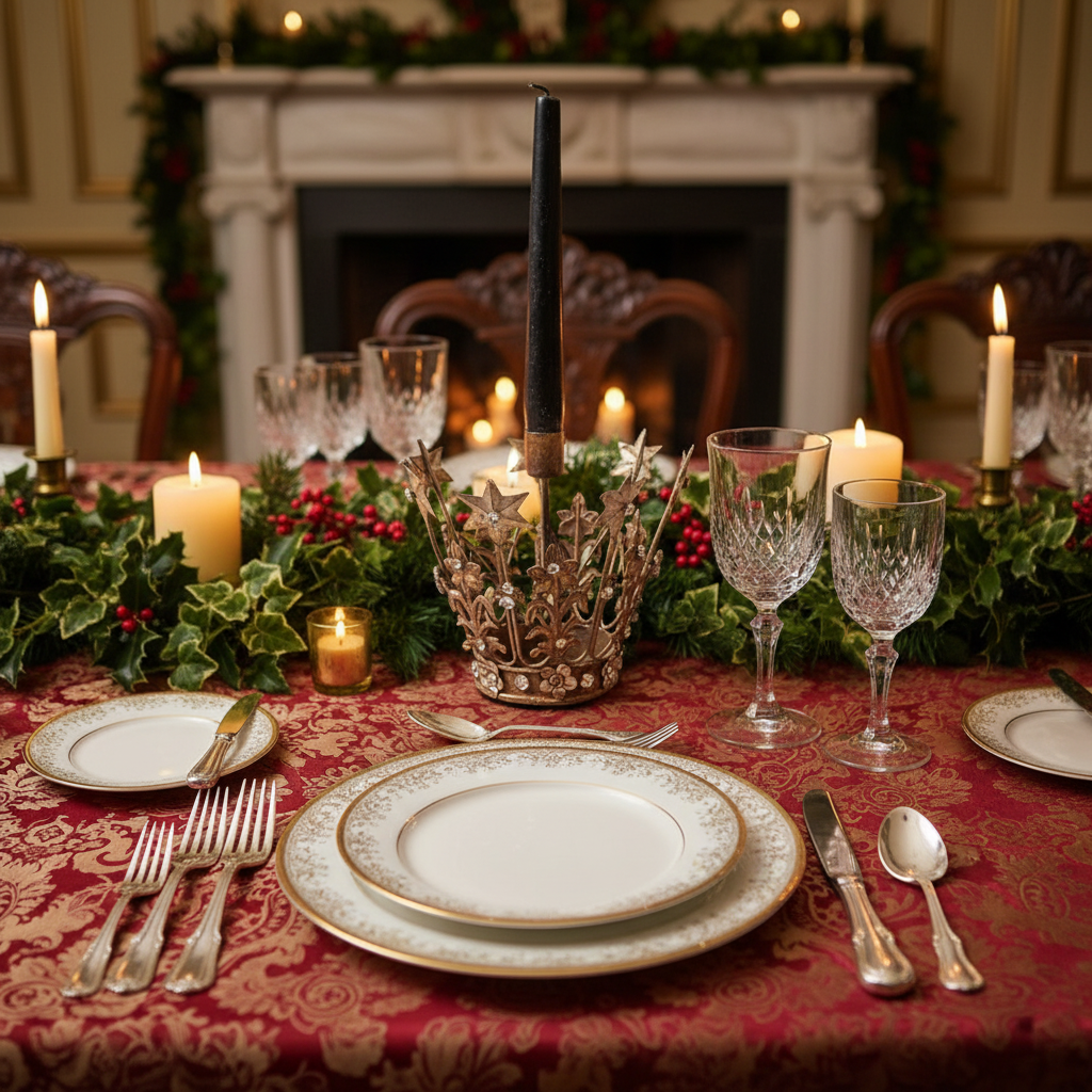 A brass candle holder with a crown design, featuring intricate patterns and a vintage style patina, holding a black candle.