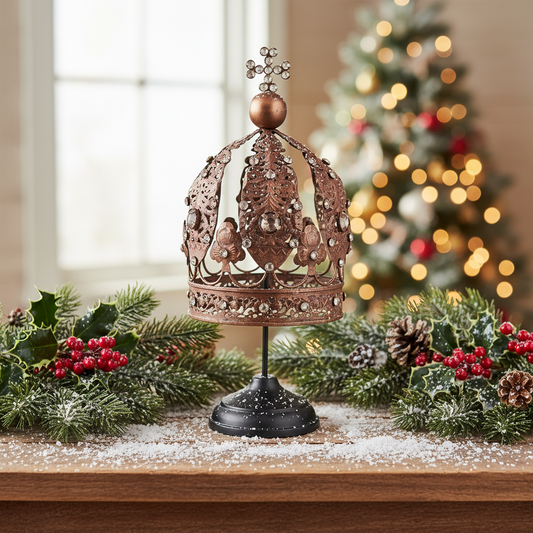 A vintage style brass Christmas Kings crown decoration with a patina and embellishments, displayed on a stand.