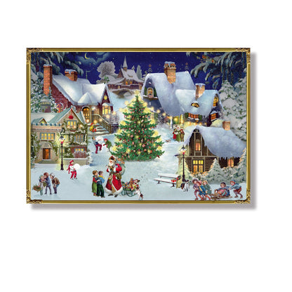 Christmas-themed prints featuring festive scenes with trees, houses, and animals.
