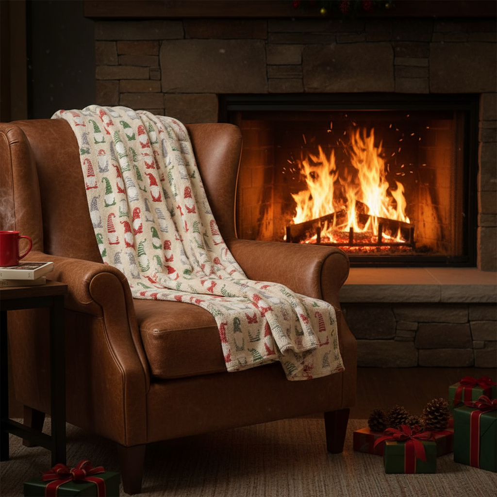 Fabric with a pattern of colorful gnomes on a beige background