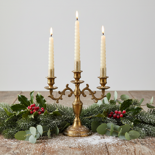 A pair of cream colored spiral wax candles with golden glitter, designed for Christmas dinner.