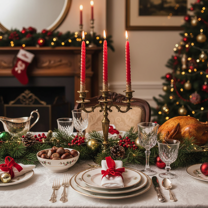 A set of two metallic red wax candles with gold glitter and a spiral design, standing upright.
