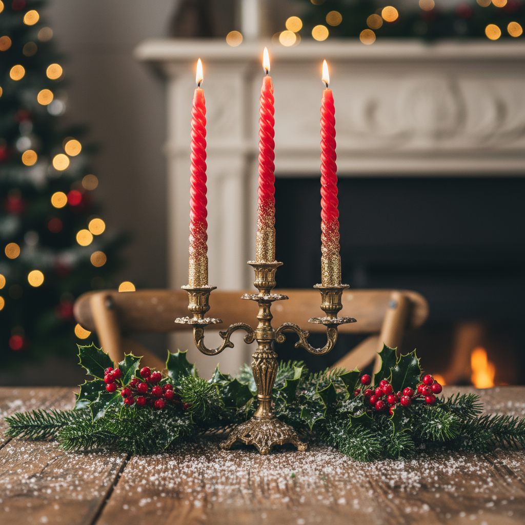 A set of two metallic red wax candles with gold glitter and a spiral design, standing upright.