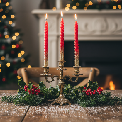 A set of two metallic red wax candles with gold glitter and a spiral design, standing upright.