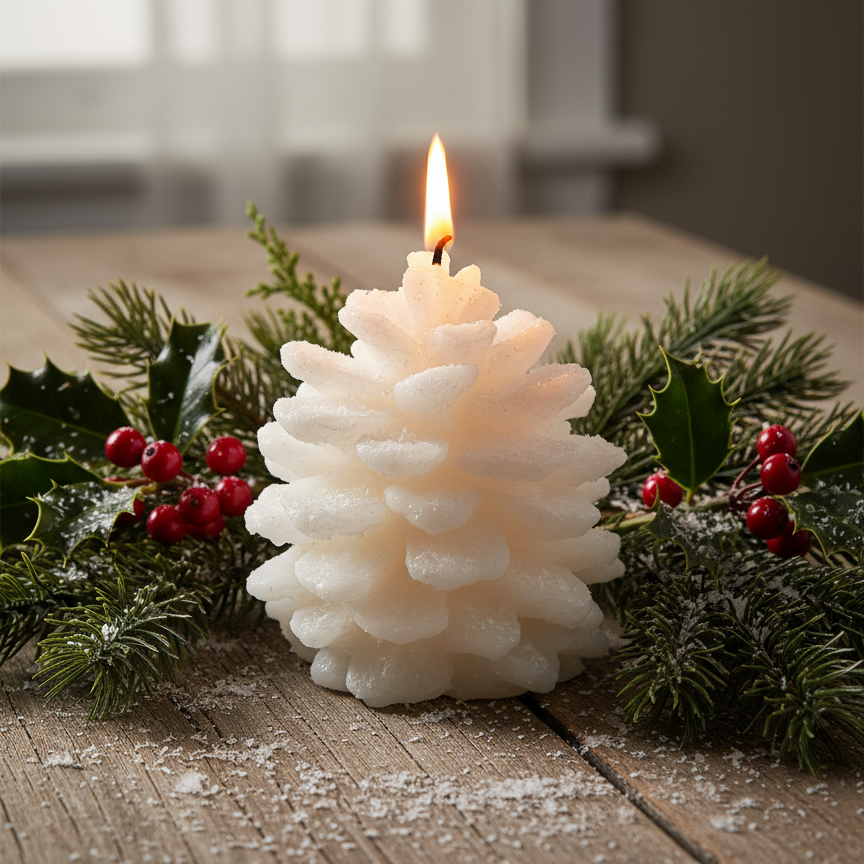 Decorative candle shaped like a Christmas tree with greenery and berries on a wooden surface.