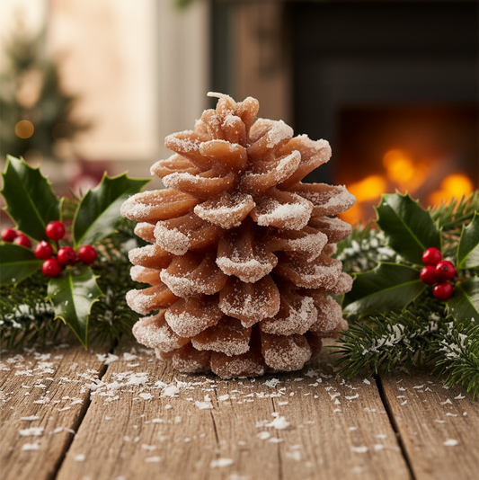 Decorative pine cone with snow on a wooden surface with holly leaves and berries, fireplace in the background