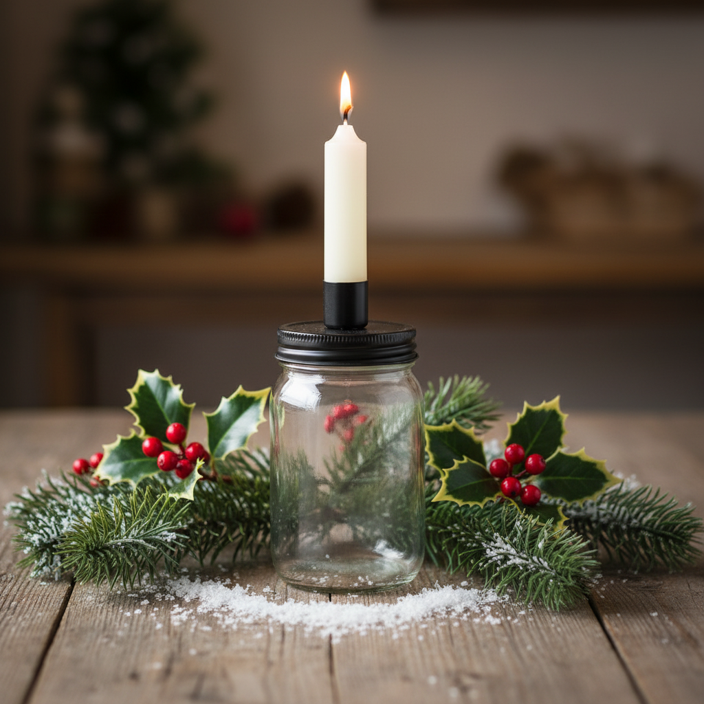 A set of ivory mini Christmas candles in a glass jar with a black lid, also serving as a candle holder. The candles are placed on the top of the jar, and there is a label in the center with 'The Grey Barn' branding and some decorative lines.