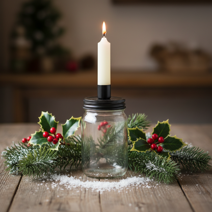 A set of ivory mini Christmas candles in a glass jar with a black lid, also serving as a candle holder. The candles are placed on the top of the jar, and there is a label in the center with 'The Grey Barn' branding and some decorative lines.