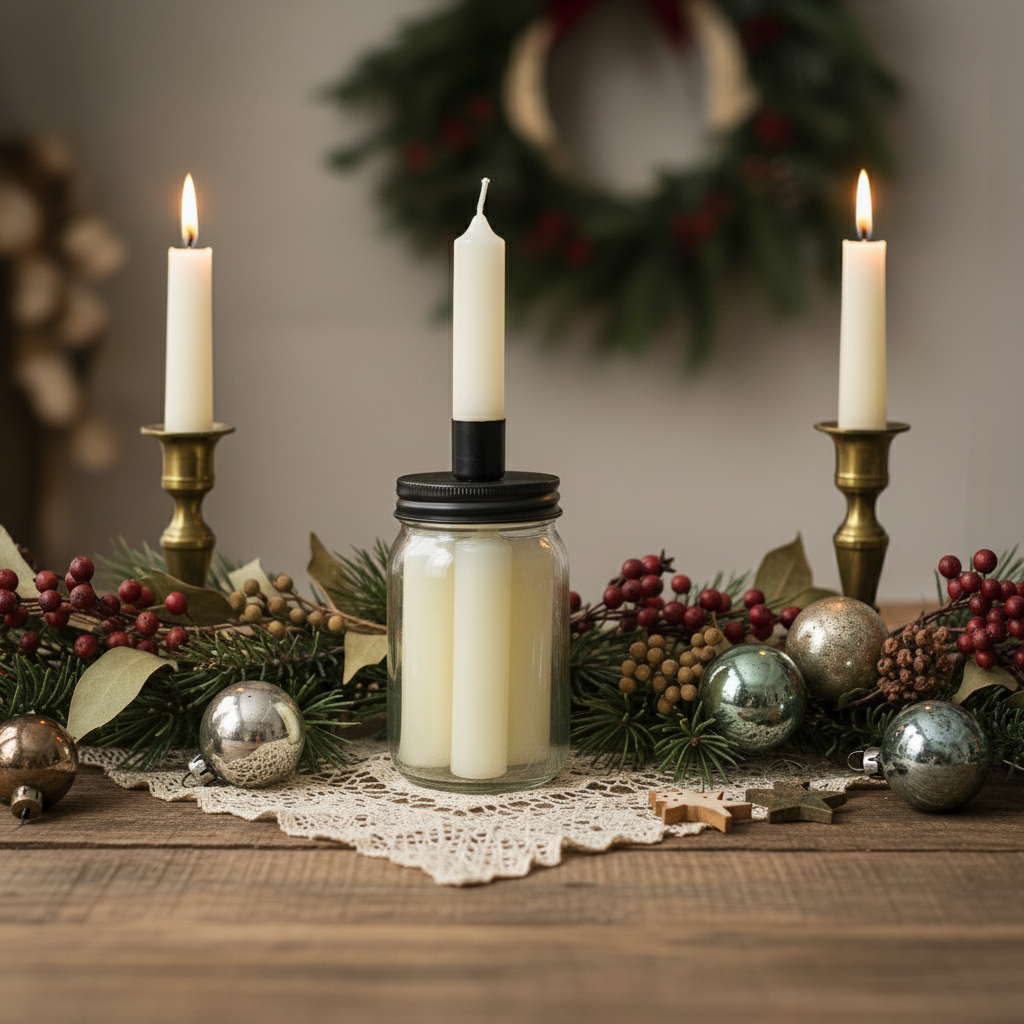 A set of ivory mini Christmas candles in a glass jar with a black lid, also serving as a candle holder. The candles are placed on the top of the jar, and there is a label in the center with 'The Grey Barn' branding and some decorative lines.
