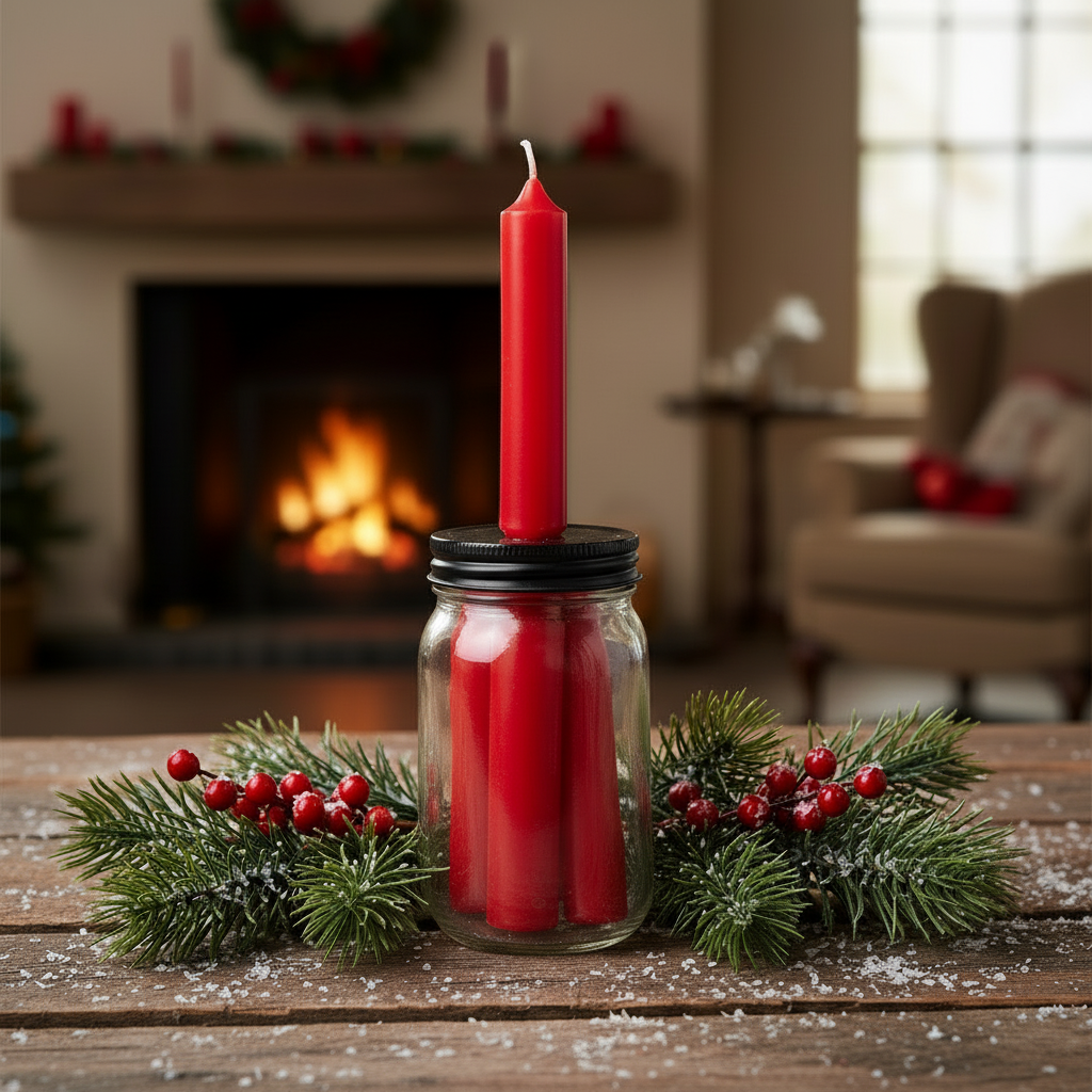 A red mini dinner candle with a candle holder and storage jar. The candle is lit, and the jar has a black lid with a label that reads 'Dance of the Candles'.