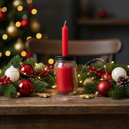 A red mini dinner candle with a candle holder and storage jar. The candle is lit, and the jar has a black lid with a label that reads 'Dance of the Candles'.