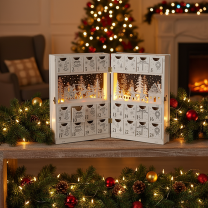 White Wooden Book Christmas Advent Calendar LED
