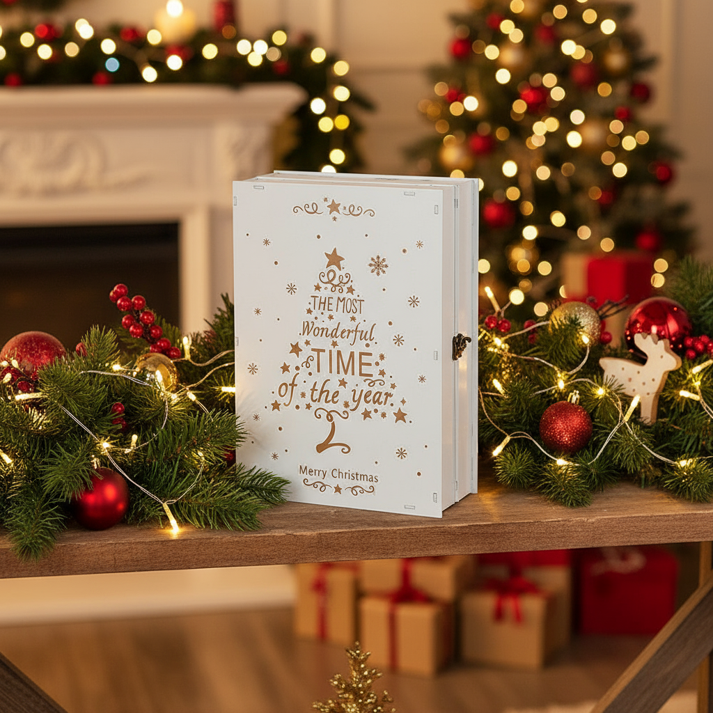 White Wooden Book Christmas Advent Calendar LED