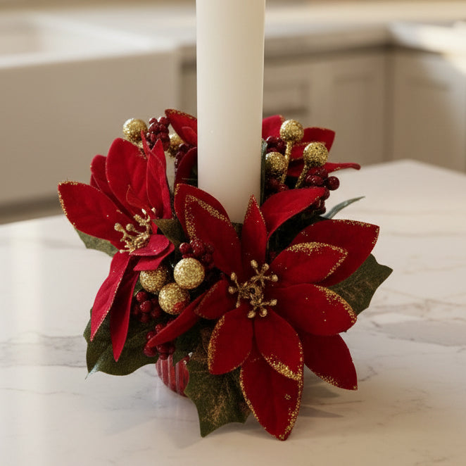 Red Poinsettia and Berry Christmas Candle Ring 13cm