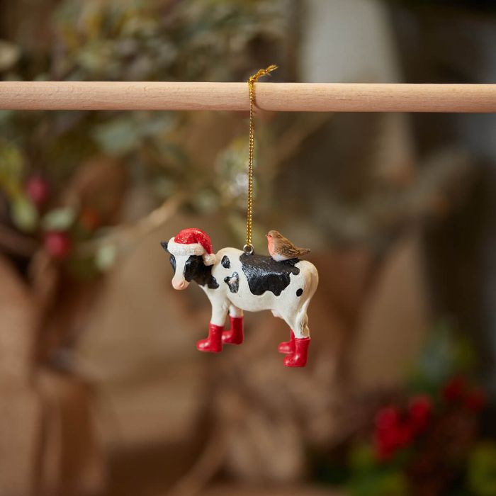 Friesian Cow with Robin Christmas Tree Ornament