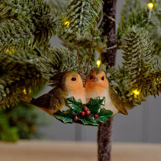 Robins with Holly and Berries Double Hanger