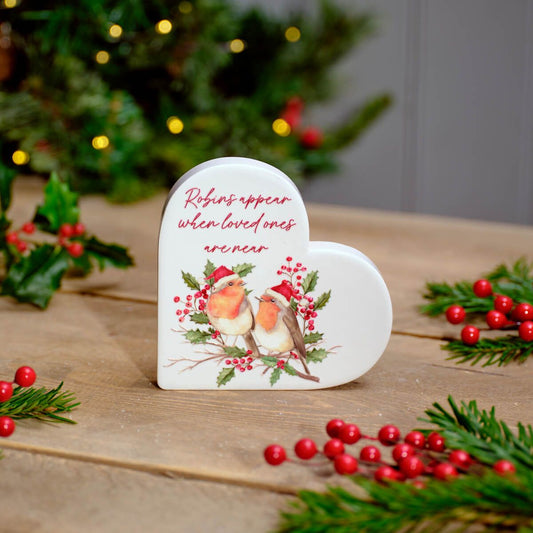 'Robins Appear' Ceramic Heart Block