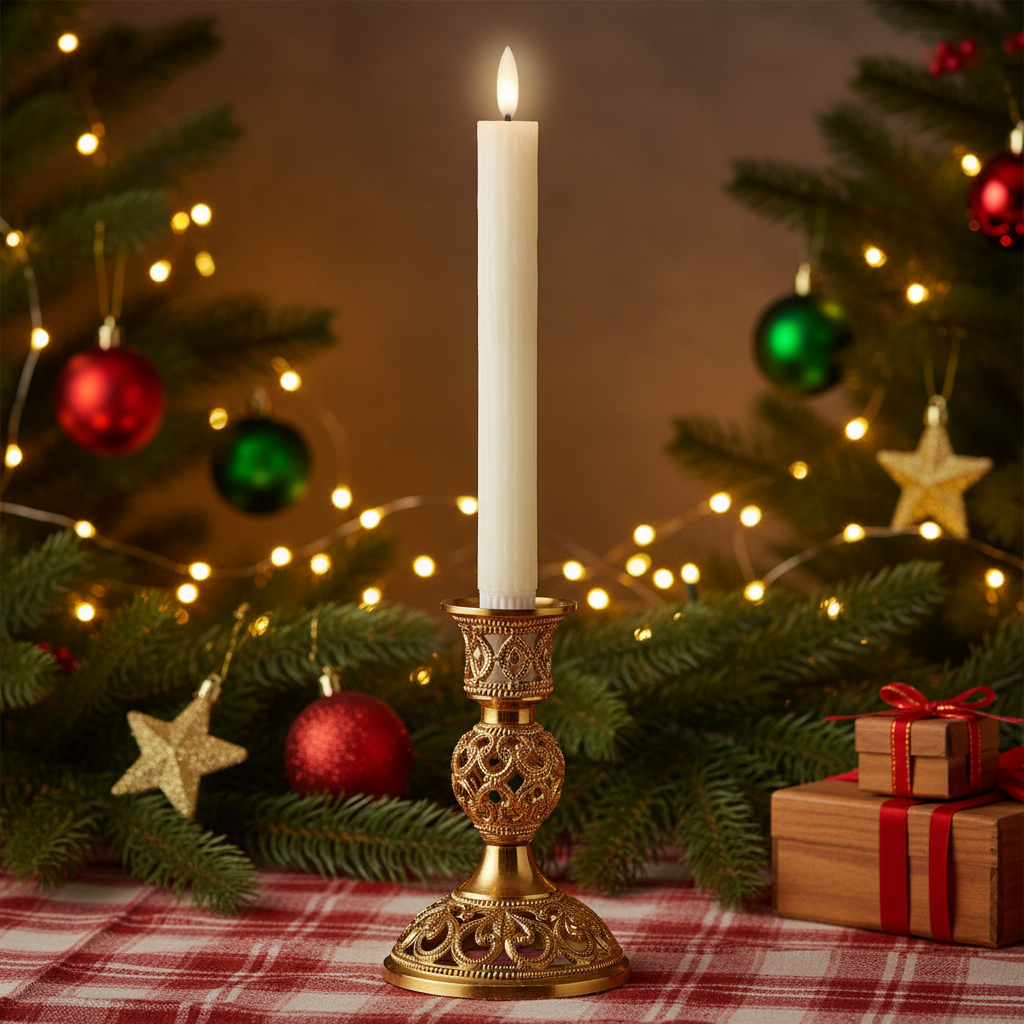 Set of 2 Cream LED Wick Carved Wax Festive Dinner Candle