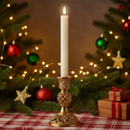 Set of 2 Cream LED Wick Carved Wax Festive Dinner Candle