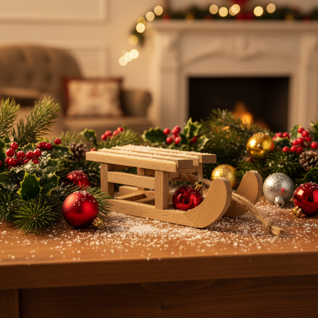 A wooden sledge decoration with visible wood grain and natural color, featuring a classic design with a rope pull.