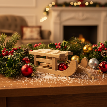 A wooden sledge decoration with visible wood grain and natural color, featuring a classic design with a rope pull.