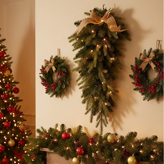 Decorative Christmas garland and wreaths on a wall with a warm glow.