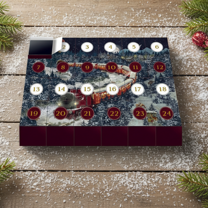 An advent-style jigsaw puzzle with a winter train scene design, featuring a numbered puzzle board and small box pieces.