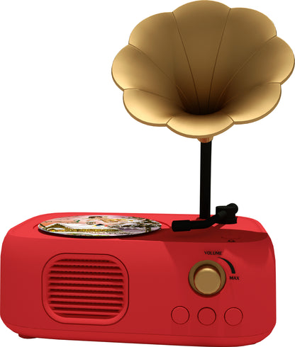 Red and gold vintage-style radio with a vinyl record on a white background