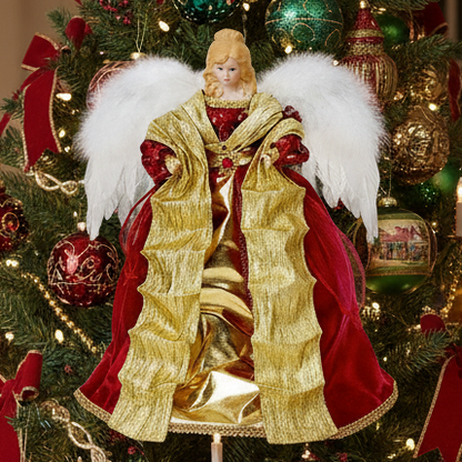 A burgundy and gold dress angel tree topper with white feather wings, designed as a traditional Christmas decoration.