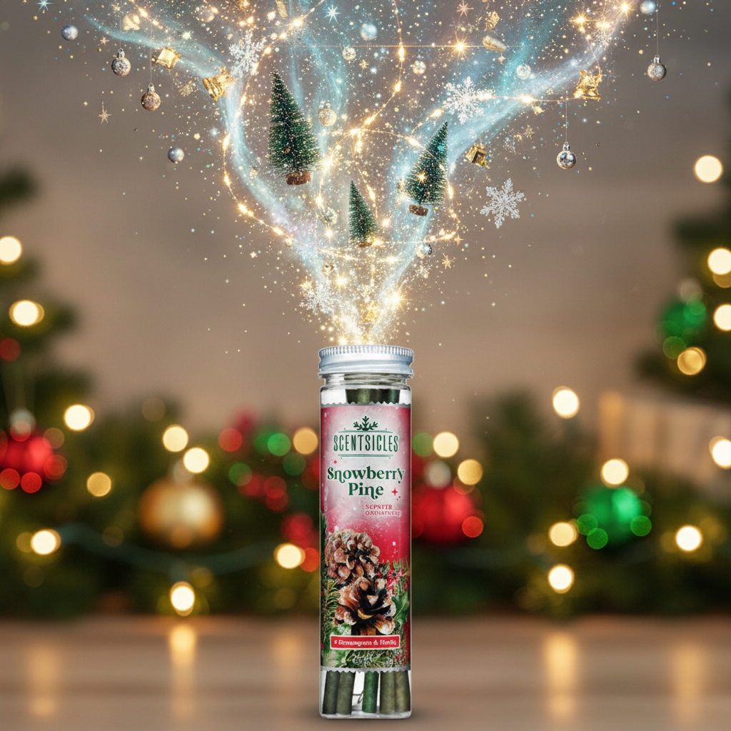 A clear tube with a red and green label showcasing 'Scentsicles Snowberry Pine Scent' with images of pine cones and holly. The tube contains green scented sticks for hanging on a tree.